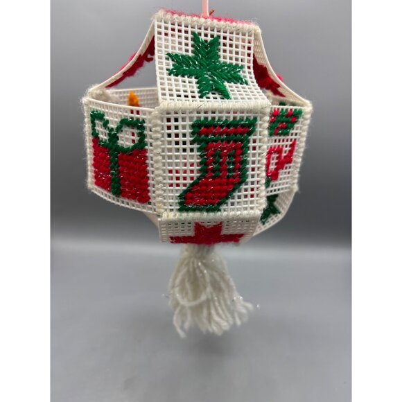 Vtg Handmade Plastic Canvas Christmas‎ Ornament Red Green Hanging Decor - Picture 3 of 7